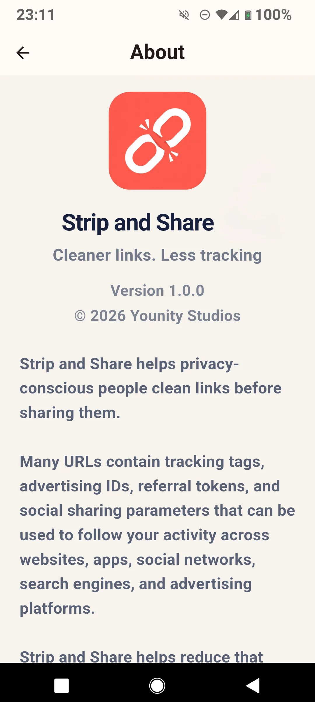 About screen for Strip and Share, describing its purpose for privacy-conscious people.
