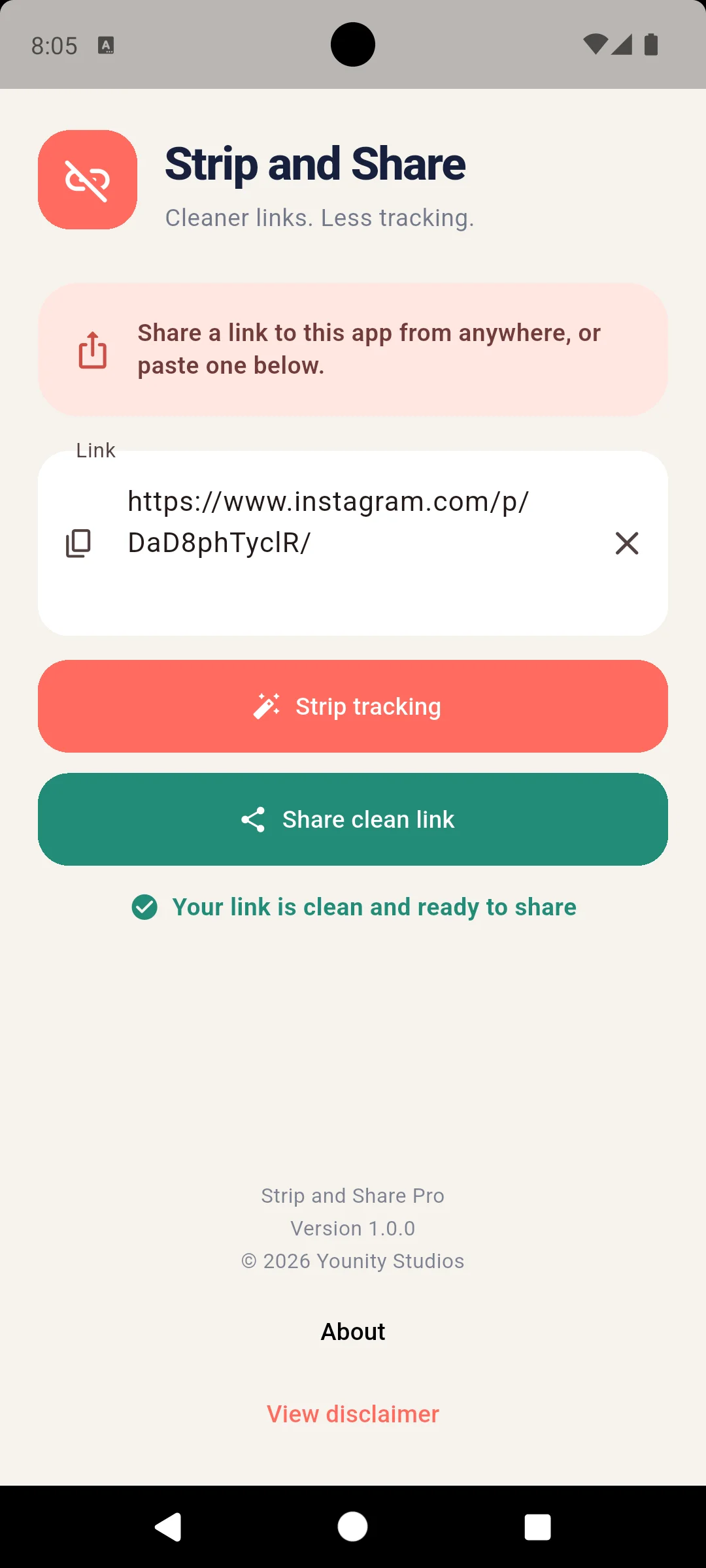 Strip and Share showing a cleaned link ready to share.