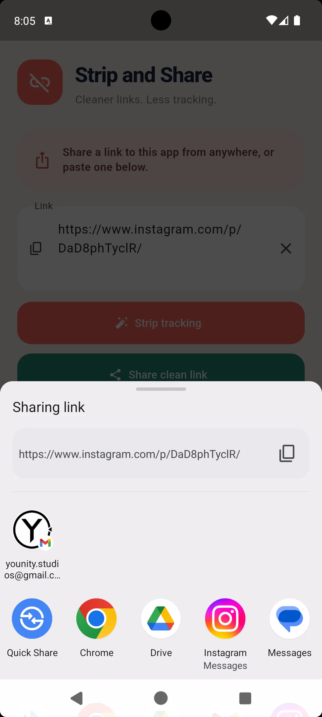 Android sharing panel showing a cleaned link.