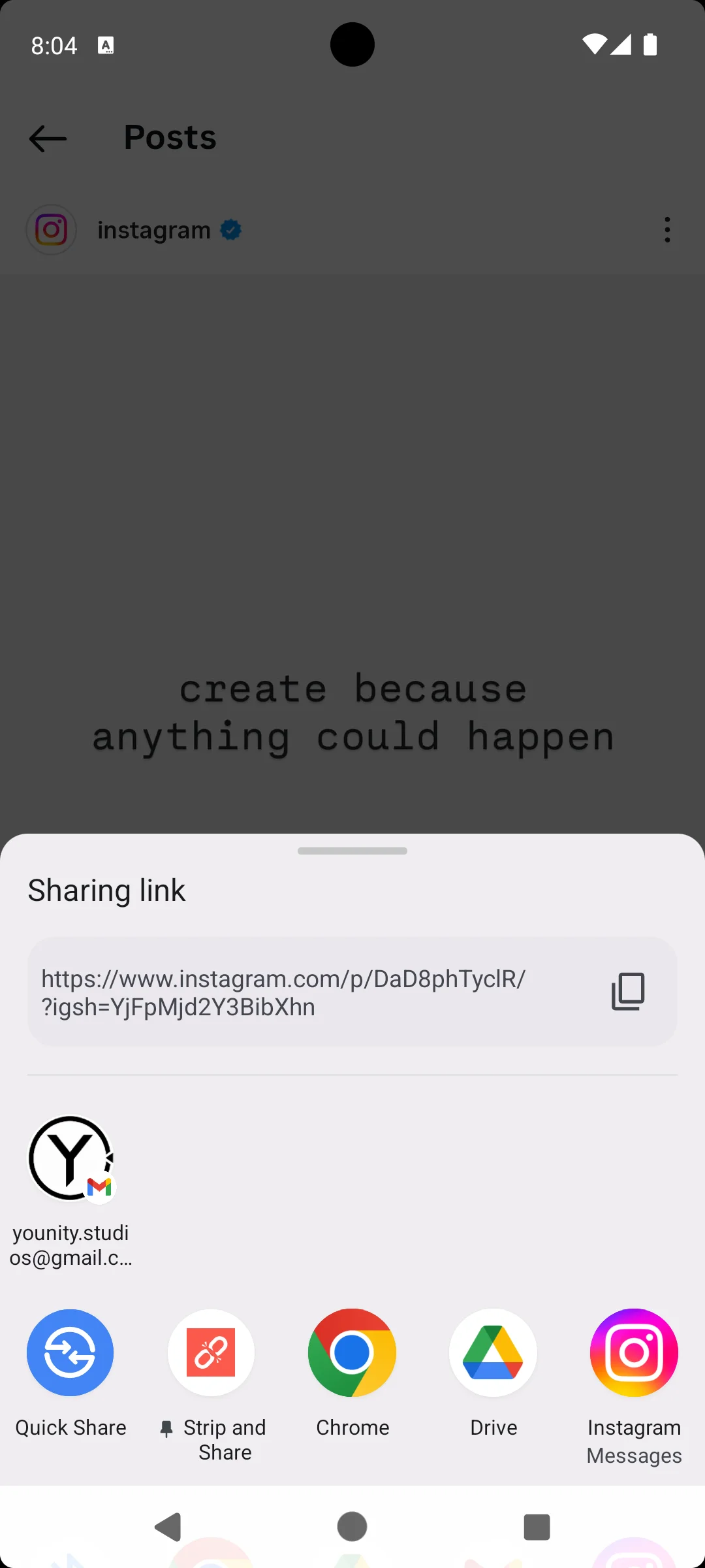 Android sharing panel showing a link being shared to Strip and Share.